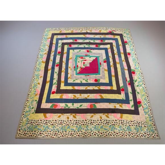 Vintage Hand Quilted Log Cabin Housetop Quilt Concentric Squares Abstract 6x7 - Picture 2 of 16